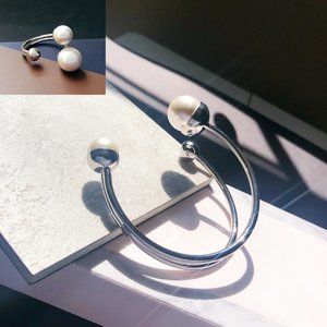 Silver Asymmetry Layered Pearl Bangle & Ring Set